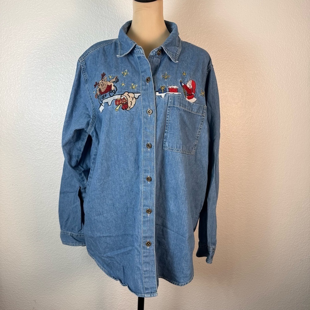 Nutcracker Denim Christmas Santa On Rooftop Blouse Shirt Sz L Embroidered - Picture 2 of 6